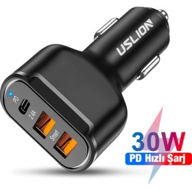 Resim USLİON 30W 2 USB + Type-C Girişli QC3.0 Hızlı Araç Çakmaklık Şarjı 