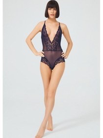 Resim Cottonhill Lacivert Çıtçıtlı Dantelli Transparan Sırt Çapraz İpli Bodysuit Lacivert 