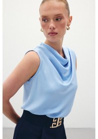Resim Sateen Degaje Yaka Saten Bluz - Mavi-136199 Mavi 