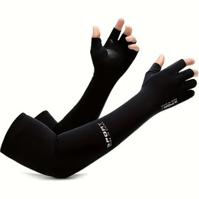 Resim 1 Çift Unisex Yarım Parmak Buz Slicky Fiber Kumaş Serinletici Kol Kollanları - Siyah/Gri Ter Emici Bisiklet ve Motosiklet Eldivenleri Açık Hava Sporları için, Erkekler ve Kadınlar için Babalar Günü Hediyesi, Motosiklet Ekipmanı, Şık Tasarım, Nefes Alabilen Kumaş 