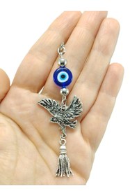 Resim biuti Metal Kartal Araba Dikiz Ayna Süsü, El Yapımı Cam Mavi Nazar Boncuğu Yeni Araba Hediyesi 