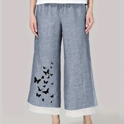 Resim Kadınların Hafif Gri Kelebek Baskılı Bol Paça Pantolonu Çift Tokalı Kapanış ile - Rahat Tatil Stili, Tüm Mevsimler İçin Rahat Moda, Kelebek Baskılı Pantolon, Rahat Moda 
