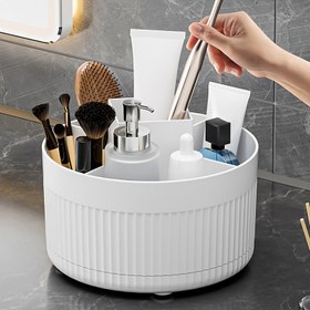 Resim 1 Adet Şık Beyaz 360 Derece Dönebilen Makyaj Organizatörü - Dokulu Tasarımlı Çok Fonksiyonlu Kozmetik Saklama Kutusu, Dayanıklı Plastik, Montaj Gerektirmez - Fırçalar, Cilt Bakım Ürünleri & Güzellik Araçları İçin İdeal, Makyaj Fırça Tutucu 