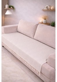 Resim 2 Adet Pamuklu Koltuk Örtüsü 115x200 Cm Çekyat Ve Kanepeler İçin Koruyucu Önden Saçaklı Kaymaz Ekru 