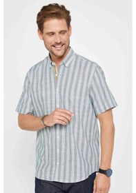 Resim Tudors Erkek Regular Fit Klasik Kesim %100 Pamuk Keten Doku Çizgili Düğmeli Yaka Gömlek-31200 Çok Renkli 