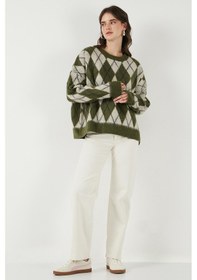 Resim Lela Oversize Fit Bisiklet Yaka Baklava Desenli Yumuşak Dokulu Bayan Kazak 4616223 Haki 