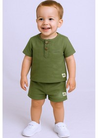 Resim Erkek Bebek Şortlu Takım Bisiklet Yaka Düğmeli Düz Renk Haki 