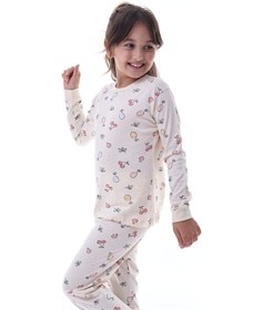 Resim Meyve Desenli Kız Çocuk Pijama %100 Pamuk, Rahat Ve Yumuşak Kumaşlı Set Krem 