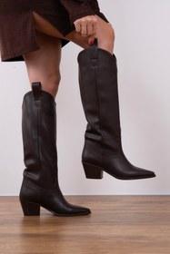 Resim Afilli Afili Kadın Acı Kahve Sivri Burun Diz Alti Kalın Topuklu Bağcıksız Sexy Western Kovboy Çizme Bot 