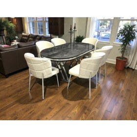 Resim Msy Home 6 Kişilik Serya İroni Oval Masa Krom Ayak Yönsüz Kumaş Modern Ve Şık Yemek Odası Takımı 874521 Bej 