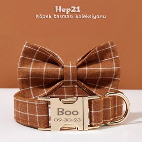 Resim Dog Collar Named Brown Grid Collar 276676 - Leash + Bow Tie + Leash Rope / XL 