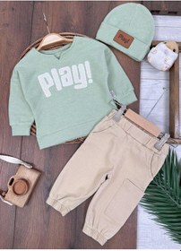 Resim Bereli Likralı Play Nakışlı Kanvars Pantolon 3lü Erkek Bebek Yesil 