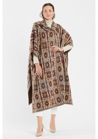 Resim Uludağ Triko Kadın Kilim Desen Kapşonlu Panço Taş-Std Taş 