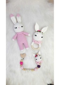 Resim Beyaz Tavşan Organik Örgü Oyuncak Amigurumi 3'lü 