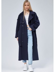Resim Kadın Oversize Astarlı Uzun Trençkot Lacivert 