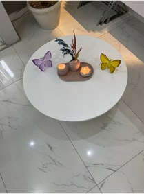 Resim MatBeyaZ Bohem vernikli ayaklı Mdf orta sehpa ofis sehpa salon sehpa 72 cm üst çapı 42 cm yüksek 