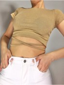 Resim butiqos Kadın Camel Beli İp Detaylı Kısa Kollu Crop Top Bluz 