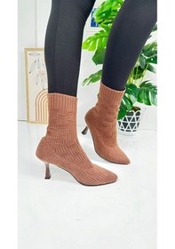 Resim Günlük Kadın Bot Yüksek İnce Topuklu Triko Esnek Sivri Burunlu Tırtıklı Taban Rahat Bootie 170 Taba 