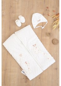 Resim Kız Erkek Bebek Kadife Fermuarlı Şapka Patikli Kundak Battaniye Seti Stl6784 Beyaz - Fuşya 