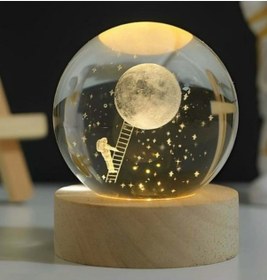 Resim 3d Kristal Cam Küre Ahşap Kaideli Gece Lambası - Astronot Ve Ay 