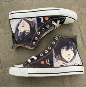 Resim Köstebek Gri - Anime Death Note Face And L Uzun Kanvas Ayakkabı 