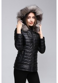 Resim Kadın Hakiki Deri Kapşonlu Şişme Mont 