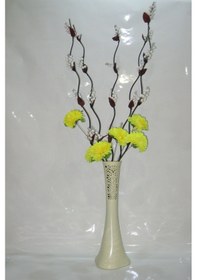 Resim 60 Cm Desenli Krem Vazo 5 Adet Beyaz Üzüm Çiçek Sarı Çiçek 