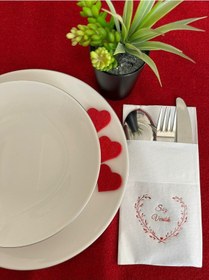 Resim Kırmızı Yaldızlı Beyaz Söz Verdik Kalp Çelenk Cepli Peçete 12 Lı 40x40 