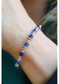 Resim Lapis Lazuli Ve Hematit Taş Detaylı Tasarım El İşi Doğal Taş Bileklik Gümüş 