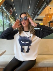 Resim Nova Bazaar Kadın Uzun Kollu Bisiklet Yaka Kedi Baskılı Şardonlu Dalgıç Bluz Beyaz 