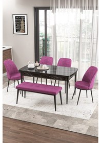 Resim Canisa Concept Zen Serisi 80x132 Mdf Açılabilir Siyah Mermer Desen Masa Takımı 4 Mor Sandalye Ve 1 Bench Masa Siyah Mermer Sandalye Ve Bench Mor 