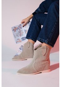 Resim Luvishoes Loivos Bej Süet Hakiki Deri Delikli Kadın Gizli Topuk Yazlık Bot Bej 