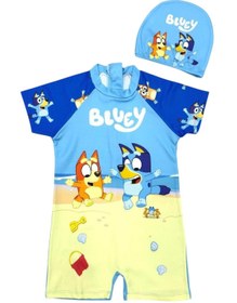 Resim Şekerkids Erkek Çocuk Mavi Renk Karakter Desenli Kısa Kollu Gizli Fermuar ve Boneli Tulum Mayo 
