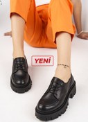 Resim Deripabuc Hakiki Deri Siyah Kadın Tırtıklı Platform Taban Loafer Ayakkabı TRC-4003 