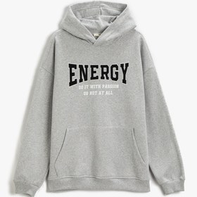 Resim Şardonlu Kapşonlu Sweatshirt Slogan Baskılı Cep Detaylı 
