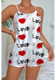Resim Hello Papana Hello Papana Love Desenli Beyaz Saten Şortlu Gecelik Takım Çok Renkli 