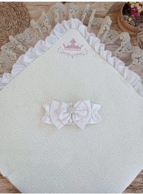 Resim Yenidoğan Wool Yün Kumaş Taç Nakışlı Güpür Duvaklı Fiyonk Prizma Taş Unisex Kundak Bebek Battaniyesi Pembe Çok Renkli 