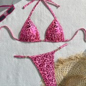 Resim Kadınların Seksi Leopar Desenli İki Parça Mayo Takımı - Askılı Boyun, Slip Alt, Polyester Karışımı, Plaj, Havuz ve Tatil Fotoğrafları için İdeal, Plaj Mayo|Seksi Mayo|Esnek Kumaş 