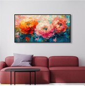 Resim Yağlı Boya Dokulu Tablo Renkli Modern Yatay Çiçekler Siyah Çerçeveli U02043-178896 