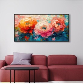 Resim Yağlı Boya Dokulu Tablo Renkli Modern Yatay Çiçekler Siyah Çerçeveli U02043-178896 