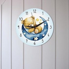 Resim caju art & decoration CajuArt Ayda Uyuyan Sevimli Ayı Çocuk Odası Ahşap Duvar Saati 