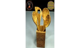 Resim Ahşap Vadisi Zeytin Ağacı El Yapımı 30 cm 4 Parça Ahşap Mutfak Seti, Tahta Kaşık, Çatal, Spatula, Kevgir 