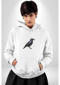 Resim Siyah Karga Kadın Erkek Beyaz Kapüşonlu Sweatshirt Hoodie Beyaz 