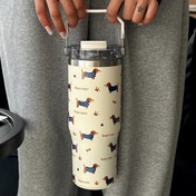 Resim 1 adet 900 ml / 33.44 oz Paslanmaz Çelik Yalıtımlı Su Şişesi Sevimli Taks Tasarımı ile, Çift İçme Kapakları ve Pipet - Sıcak / Soğuk İçecekler için Yeniden Kullanılabilir Seyahat, Spor Salonu, Açık Hava Bardağı, Tatil Hediyesi, Seyahat Su Şişesi | Trendy Su Şişesi | Sağlam Sap 