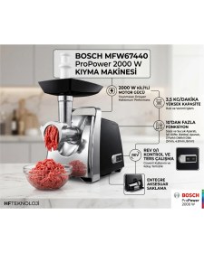 Resim Bosch 2000 Watt Motor Gücü ve Kolay Kullanım Özellikleri ile MFW67440 Kıyma Makinesi 