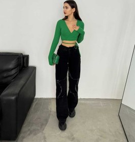 Resim Shevega Kadın Siyah Bacak Yildizli Bol Paça Kot Jeans Pantolon Siyah 