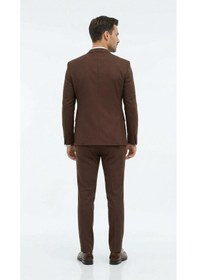 Resim Erkek Slim Fit Mikro Dokulu Takım Elbise Çift Düğmeli Modern Kesim Kahverengi 