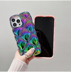 Resim iPhone 15 Pro Max Uyumlu Geometrik Dilimli Hologramlı Baklava Şişme Puf Koruyucu Kapak Kılıf 