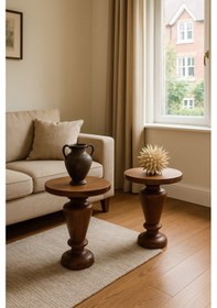 Resim 2 Li Doğal Masif Ahşap Yan Sehpa Seti Fındık Renk Zigon Ve Fiskos Model Kahverengi 