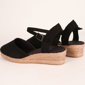 Resim Star Tombis Gerçek Elişi Topuğu Açık Bilekten Bantlı 3cm Dolgu Topuk Siyah Keten Hasır Espadril Handmade Siyah 